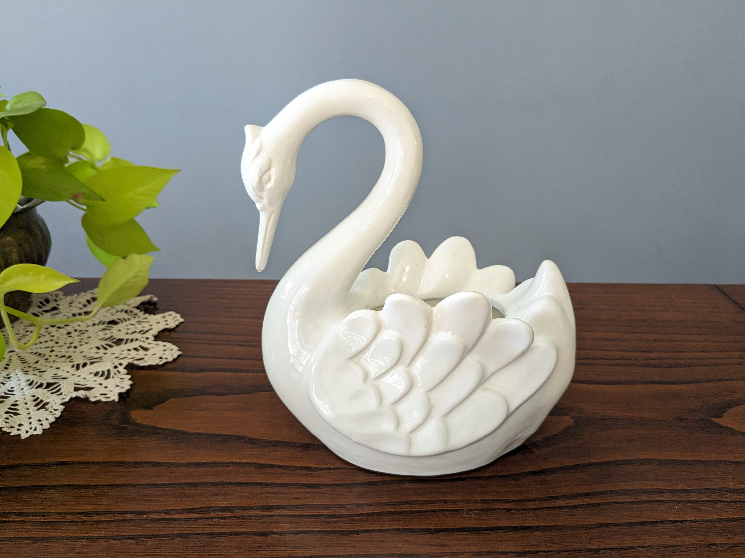 Large White Ceramic Swan Vase // Swan Planter // Mid-century Swan