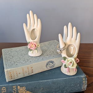 2 small white porcelain hand vases / vintage hand ring holder / hand collection / lady hand figurine / vintage jewelry display / hand roses