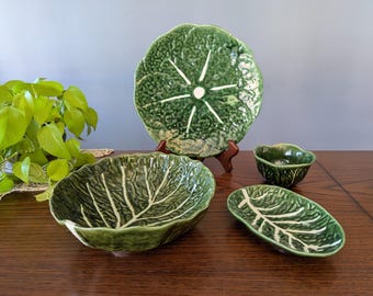 Majolica green cabbage serving bowls & plate / vintage Portuguese ceramics / rustic kitchen decor / farmhouse tableware / Bordallo Pinheiro