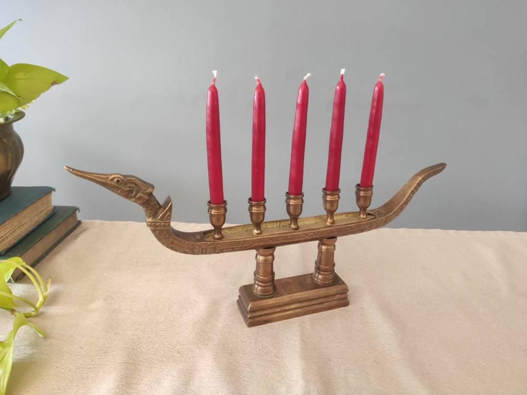 Brass Dragon Boat Candle Holder // Viking Longship Menorah Candelabra