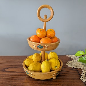Two-tier wooden fruit stand / tiered storage / farmhouse kitchen decor / double wooden fruit bowl / wooden display / wooden appetizer tray
