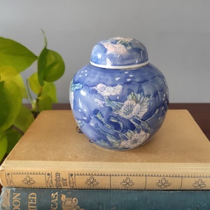 Porcelain ginger jar // blue and pink floral ginger jar // spice jar with flowers // Asian home decor // flower vase with lid