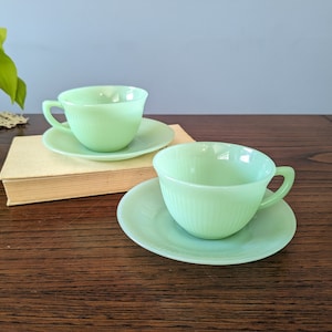 2 jadeite teacups, Fire King Jane Ray // green milkglass teacups // ribbed jadeite teacups // 1950s coffee cups // mint green coffee cup