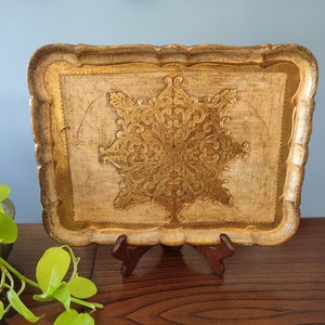 Carved gilded wooden tray from Italy // small Florentine gold tray // vintage Italian vanity tray // silver and gold decorative tray