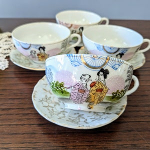 Japanese eggshell teacup and saucers, set of 4 // hand-painted Nippon tea set // oriental home decor // vintage geisha teacups // asian home