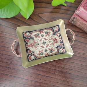 Small cloisonné tray in red and black // vintage enameled brass catchall dish // floral rectangle vanity tray