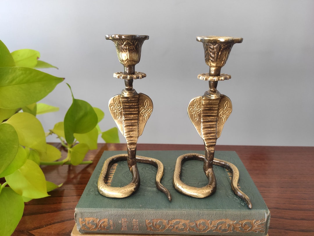 Etched Brass Snake Candlesticks, Set of 2 // Vintage Brass Cobra Candle
