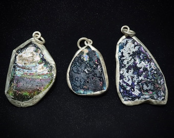 Ancient Roman Glass Pendants, Sterling Silver, Set of 3
