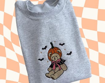 Embroidered Halloween Teddy Bear Pumpkin Sweatshirt: Cozy Fall Style