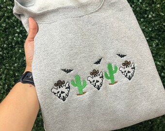 Embroidered Ghost Cowboy Sweatshirt: Halloween Western Sweater