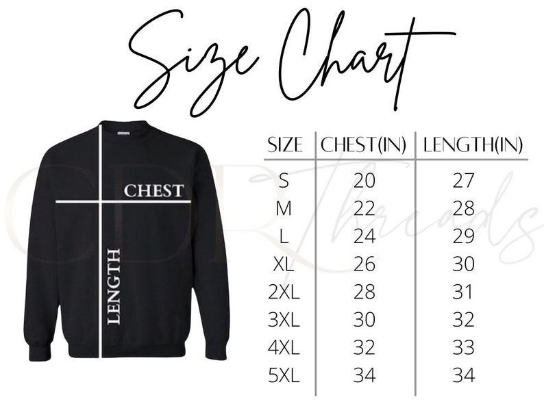 May include: Size chart for a sweatshirt with measurements in inches for chest and length. Sizes range from S to 5XL.