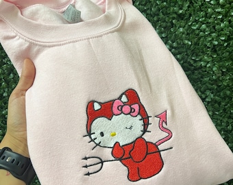Embroidery Kitty Devil Sweatshirt-Halloween Sweatshirt-Hello Kitty Halloween-cute Sweater-Cozy Cute Kitty Sweater