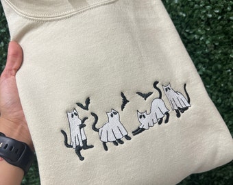Embroidered Ghost Cat Sweatshirt - Halloween Costume Sweater