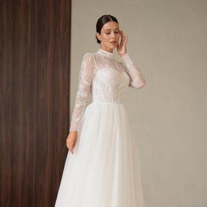Modest Winter Wedding Dress Long Sleeve | High Neck Bridal Gown Keyla | Romantic A Line Tulle Dress