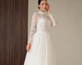 Modest Winter Wedding Dress Long Sleeve | High Neck Bridal Gown Keyla | Romantic A Line Tulle Dress