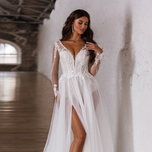 Romantic Bohemian Wedding Dress, Lace Bodice With Illusion Long Sleeves ...