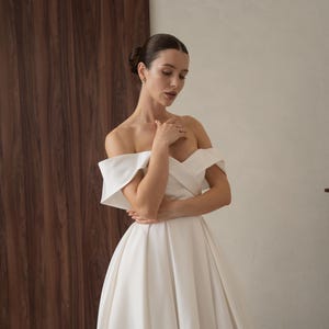 Simple Off-Shoulder Satin Wedding Dress with Corset and A-Line Slit Skirt, Romantic Classic Bridal Gown