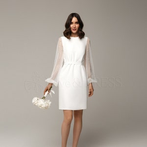 Short wedding dress,Long sleeve simple wedding dress Laura,Cocktail white dress bishop sleeves,Sheath satin bridal dress,Modest dress