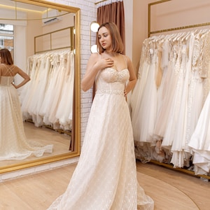 Strapless romantic bridal gown with beaded lace, A line wedding dress,Corset wedding dress,Sample sale wedding dress
