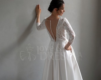 Reception wedding dress with pockets,Long sleeve tea length wedding dress,Satin midi wedding dress,Short wedding dress,Civil wedding dress