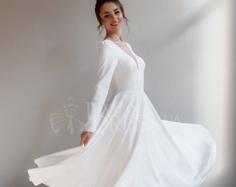 Reception satin wedding dress,Tea length long sleeve wedding dress,Short civil wedding dress,Simple minimalist wedding dress,Bridal shower