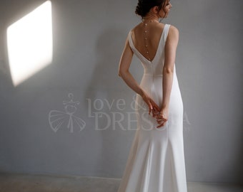 Simple wedding dress with a low back Rayna,Satin wedding dress,Minimalist V neck wedding dress in a sheath silhouette, Bridal dress
