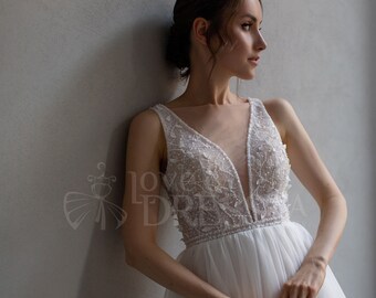 Robe de mariée longueur thé en dentelle florale Paola, robe de mariée midi en tulle, robe de fuite, robe de douche nuptiale, robe de réception de mariage pour la mariée