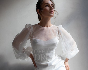 Robe de mariée longueur thé en satin, robe de mariée courte avec cape amovible, robe de mariée simple à manches longues, robe de mariée civile, robe de remise des diplômes