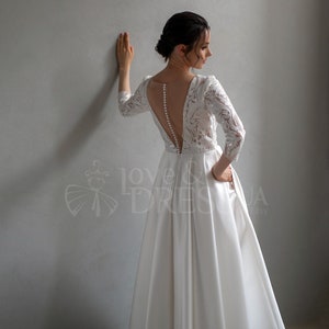 Reception wedding dress with pockets,Long sleeve tea length wedding dress,Satin midi wedding dress,Short wedding dress,Civil wedding dress