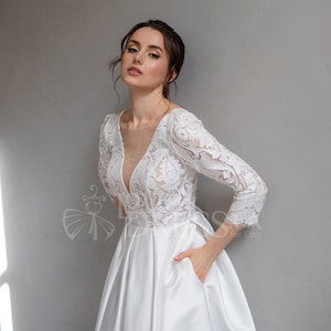 Short lace wedding dress,Romantic midi civil wedding dress,Tea length reception dress,Satin elegant bridal shower dress,Rehearsal dinner