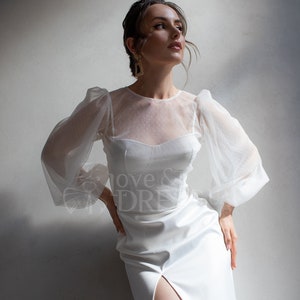 Satin Tea Length Wedding Dress with Detachable Sheer Puff Sleeve Top, Side Slit