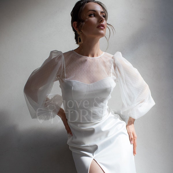 Satin Tea Length Wedding Dress with Detachable Sheer Puff Sleeve Top, Side Slit