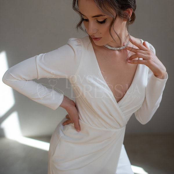 Vestido de novia sencillo, Vestido de novia de manga larga, Vestido de novia de satén, Vestido de novia civil, Vestido de novia modesto, Vestido de novia clásico moderno