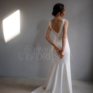 Simple wedding dress with a low back Rayna,Satin wedding dress,Minimalist V neck wedding dress in a sheath silhouette, Bridal dress