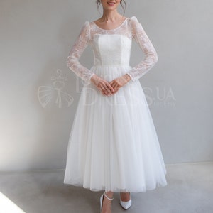 Tea Length Wedding Dress with Long Sleeves, Lace Courthouse Ceremony Gown, Modest Midi Bridal Dress