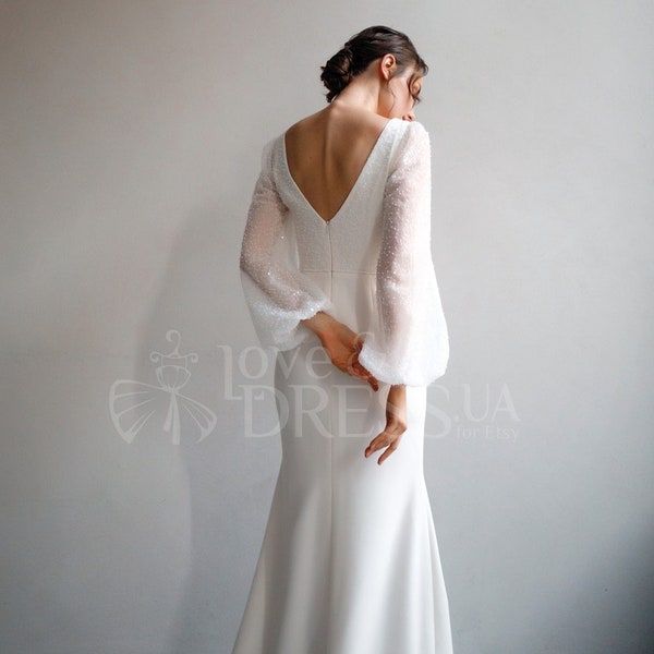 Simple wedding dress, Long sleeve wedding dress, Minimalist wedding dress, Bell sleeve wedding dress, Satin wedding dress