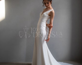 Simple wedding dress,Satin sexy wedding dress,Mermaid wedding dress,Beach wedding dress with slit,Low back bridal dress