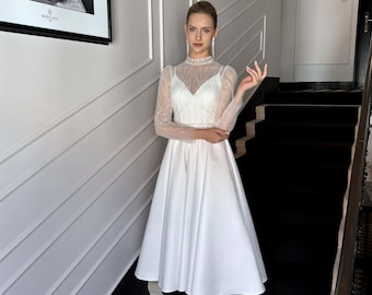 High neck modest wedding dress,Tea length wedding dress,Satin wedding dress,Courthouse wedding dress,Reception dress