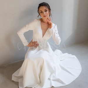 Midi courthouse wedding dress,Long sleeve tea length wedding dress,Rehearsal dinner dress for bride,Satin wedding dress,Modest wedding dress