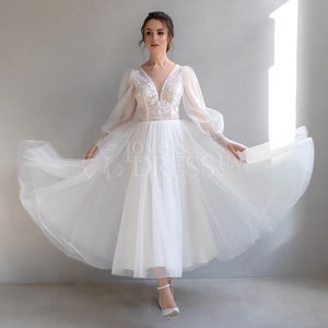 Reception tea length tulle romantic A line V neck wedding dress Azaria with puff long sleeve, Midi rehearsal dinner dress