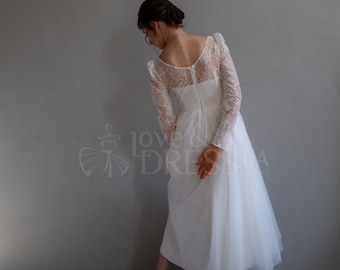 Midi wedding reception dress,Tea length wedding dress,Elopement dress,Tulle wedding dress,Long sleeve wedding dress, Engagement dress