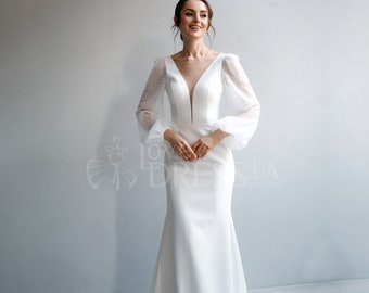 Robe de mariée en satin à manches longues, robe de mariée unique, robe de mariée en dentelle perlée, robe de mariée sirène à manches bouffantes, robe de mariée à col en V