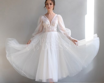 Reception tea length tulle romantic A line V neck wedding dress Azaria with puff long sleeve, Midi rehearsal dinner dress