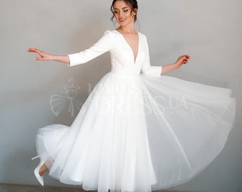 Tea length wedding dress, Midi retro wedding dress, 50s wedding dress, Bridal shower dress, Wedding reception dress, Elopement dress