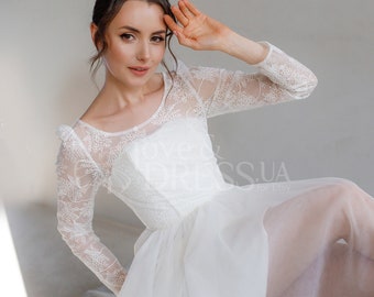 Tea length wedding dress, Long sleeve midi wedding dress, Tulle wedding dress, Wedding reception dress,Bridal shower dress, Elopement dress