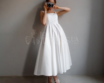 Retro midi wedding dress,Tea length wedding dress,Satin wedding dress,Bridal shower dress,Wedding reception dress,Elopement dress