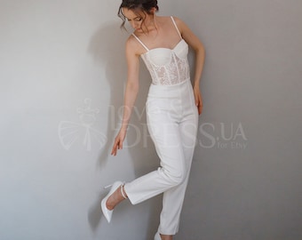 Braut-Jumpsuit, Hochzeit weißer Overall, Braut-Jumpsuit für Hochzeit, Korsett Hochzeit Overall Braut, Frauen Hochzeitsanzug, Brautjacke