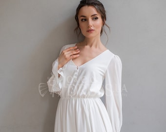 Vestido de novia bohemio hasta la rodilla, vestido de despedida de soltera, vestido de novia de manga larga, vestido de novia corto, vestido de novia midi modesto, vestido de fuga.