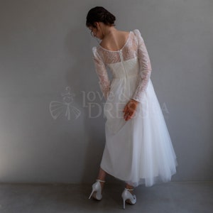 Midi wedding reception dress,Tea length wedding dress,Elopement dress,Tulle wedding dress,Long sleeve wedding dress, Engagement dress