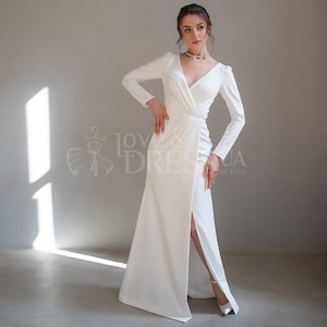 Long sleeve reception wedding dress,Civil wedding dress with slit,Simple satin wedding dress,V neck elegant bridal dress